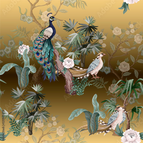Seamless pattern in chinoiserie style with storks, birds and peonies. Vector,