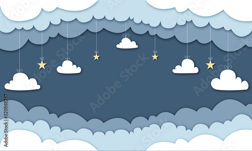 Hintergrund in Papierschnitt, Sterne und Wolken hängen von der Decke, Banner, Freisteller, Textfreiraum, Vorlage	