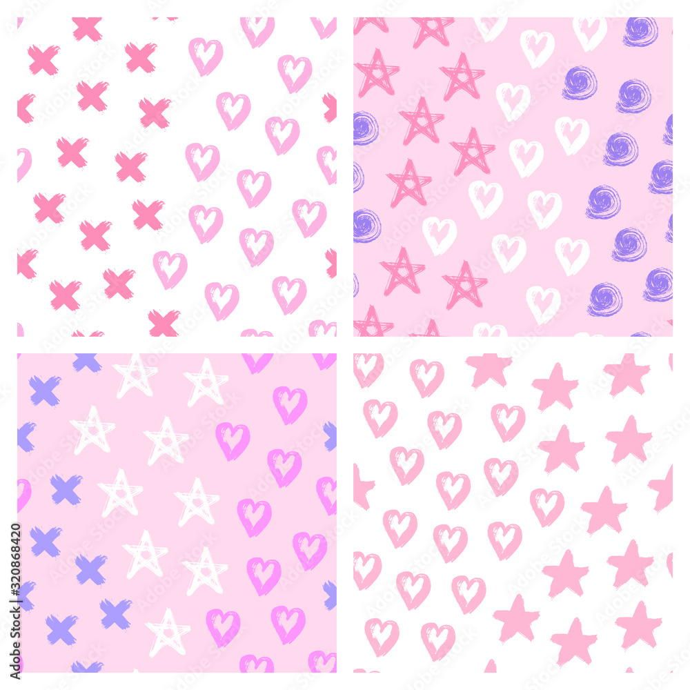 Set of 4 romantic pink pastel colored doodle seamless patterns with hearts, stars, etc. Cute vector wallpapers for wrapping paper, invitation cards, linens, etc.	