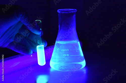 Tetrahydroharmine dissolving in water stock images. Harmala alkaloids images. Laboratory accessories. Chemical reaction images. Chemical container with purple liquid. Glass laboratory equipment photo