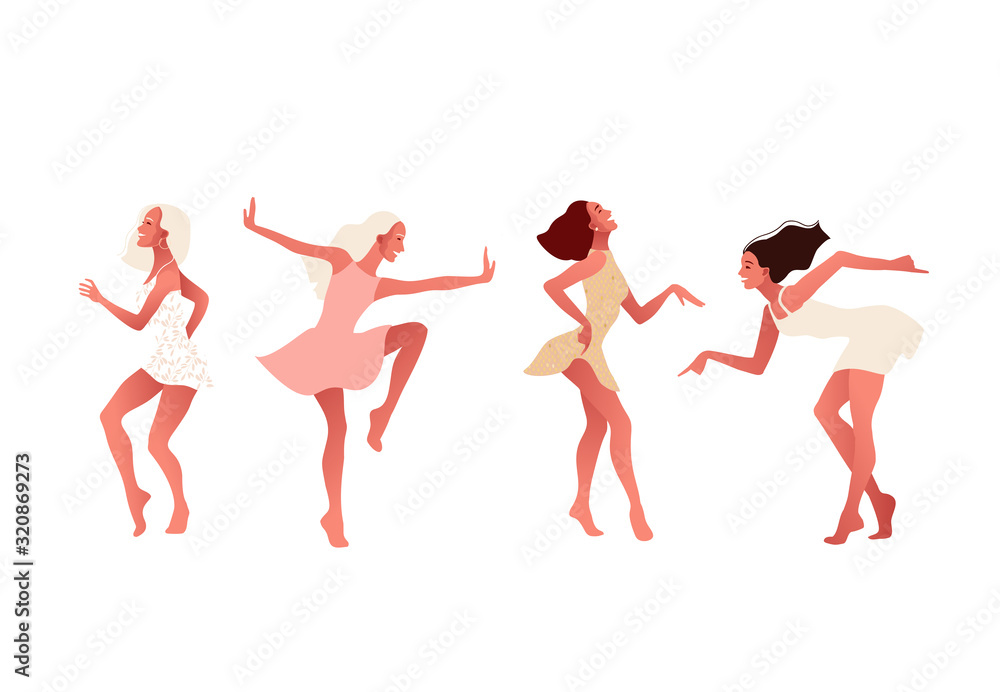 Happy sexy girls or friends dancing and laughing. Friendship, International Women s Day. 8 March. Vector illustration, template with beautiful women for greeting card, poster or flyer.