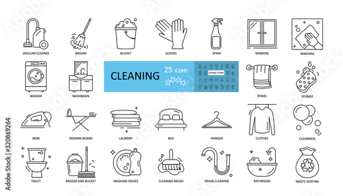 Cleaning vector set of 25 icons with editable stroke. Vacuum cleaner, laundry, ironing, sponge, washing dishes, windows and floors, sweeping dust, cleaning the bathroom and toilet, sorting garbage.