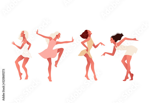 Happy sexy girls or friends dancing and laughing. Friendship, International Women s Day. 8 March. Vector illustration, template with beautiful women for greeting card, poster or flyer.