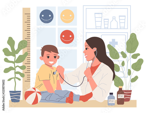 Pediatrician examining little patient. Boy visiting doctor office flat vector illustration. Healthcare, child care, medical checkup concept for banner, website design or landing web page