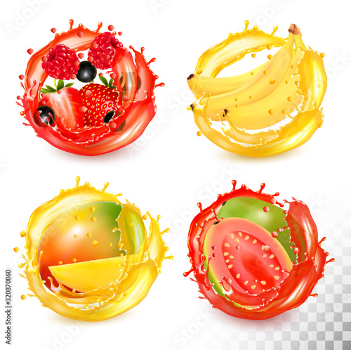 Set of fruit juice splash. Strawberry,blueberry, raspberry, banana, mango, guava Vector