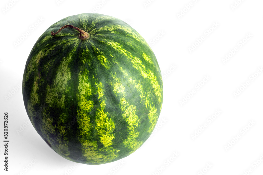 Green striped watermelon isolated on white background. Popular fruit. Selective focus. Green striped watermelon isolated on white background. Popular fruit. Selective focus.
