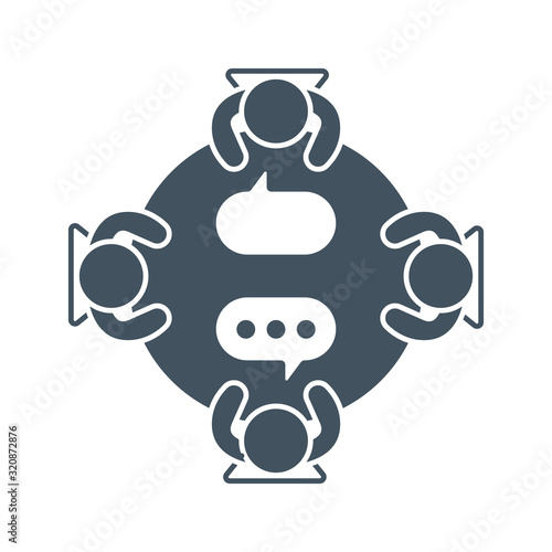 Business meeting vector icon. Group of people sitting around a table brainstorming and working together on new creative projects.