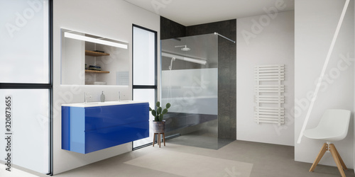 Fototapeta vue 3d salle de bain avec douche à l'italienne, double vasque suspendu 04