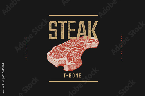 T-bone steak vector illustration. Hand-drawn slice of meat tenderloin on black background. Concept of fresh farm products. Design element for menu, flyer, poster of butcher shop, market, restaurant.