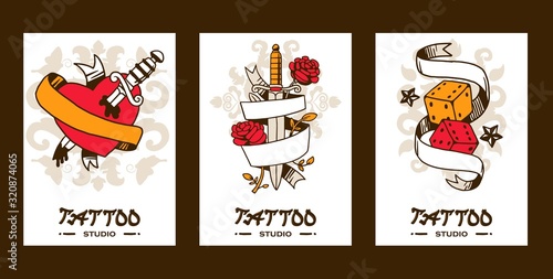 Tattoo studio banners, vector illustration. Graphic art elements and classic symbols of love and luck. Tattoo salon catalog cover template, creative artwork emblem, set of stickers. Heart, sword, dice