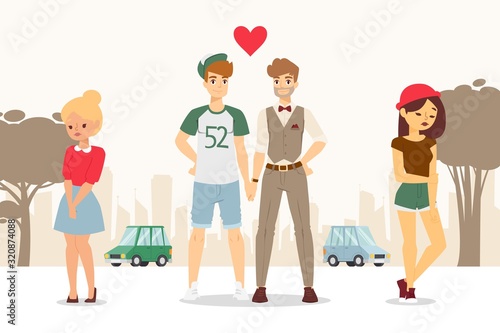Gay couple coming out, upset girlfriends vector illustration. Relationship break up, boyfriend cheated with another man. Disappointed women, love triangle. Gay boyfriend affair, couple separation