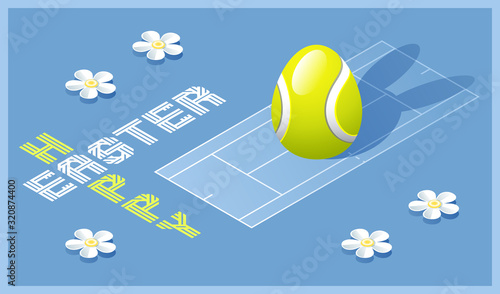 Happy Easter greeting card. Isometric illustration with 3D Easter egg as a tennis ball and tennis court. Vector illustration.