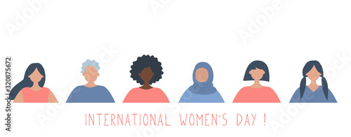 International Women's Day concept. Women's community. There are women of different races, different ages in the picture. People icons. Vector illustration