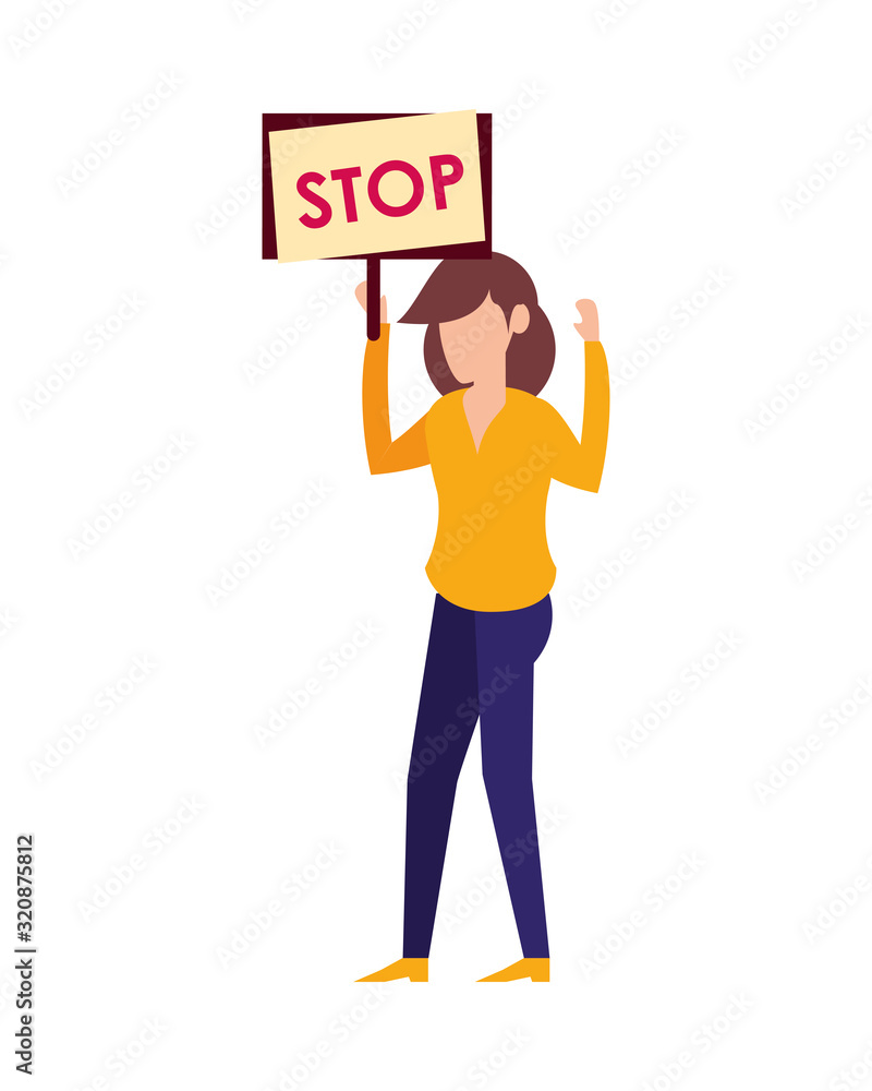young woman protesting with stop label character