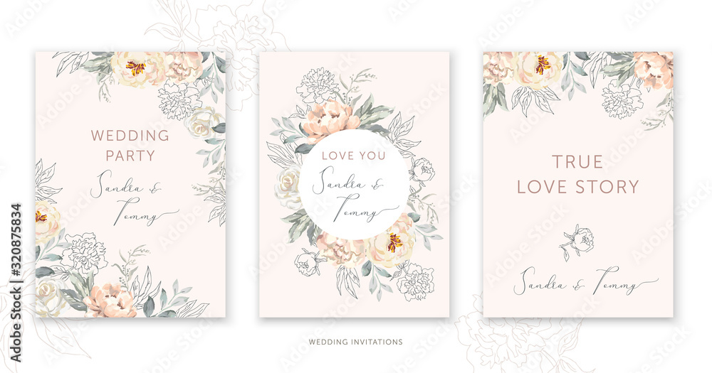 Wedding cards design. Blush peony, rose flowers, outline leaves bouquets, frames. Vector illustration. Romantic floral arrangements. Invitation template background