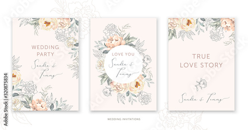 Wedding cards design. Blush peony, rose flowers, outline leaves bouquets, frames. Vector illustration. Romantic floral arrangements. Invitation template background