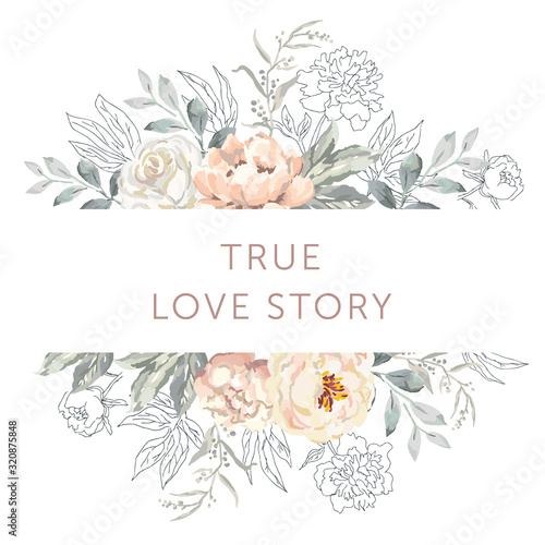 Delicate bouquet of blush rose, peony  flowers, forest gray, outline leaves, white background. Wedding invitation frame. Vector illustration. Floral arrangement. Design template greeting card