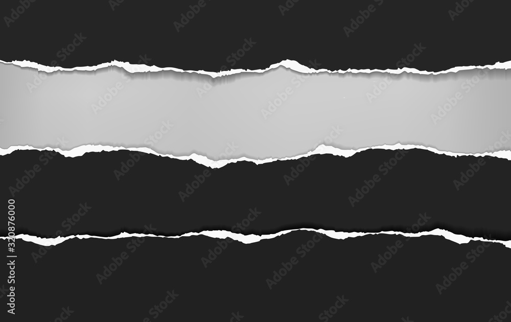 Pieces of torn, ripped black horizontal paper with soft shadow are on white background for text. Vector illustration