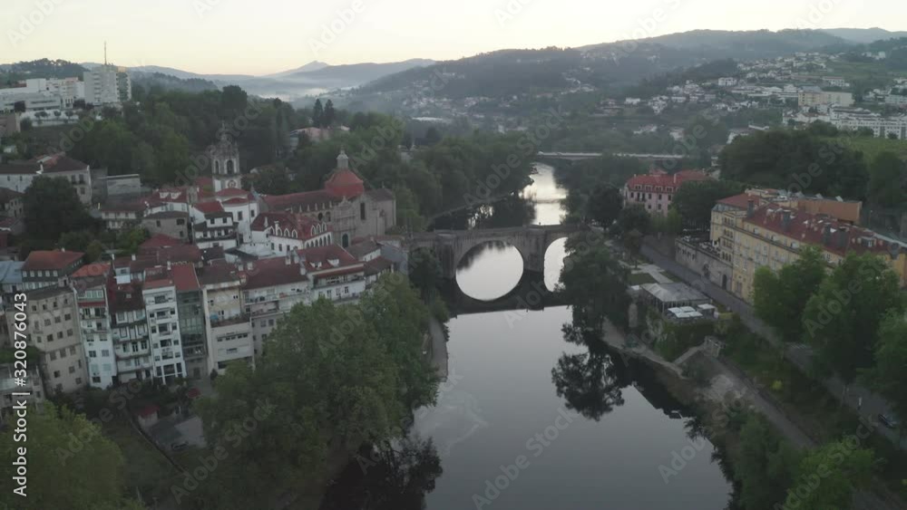 Amarante drone aerial view in Portugal at sunrise Amarante drone aerial view in Portugal at sunrise