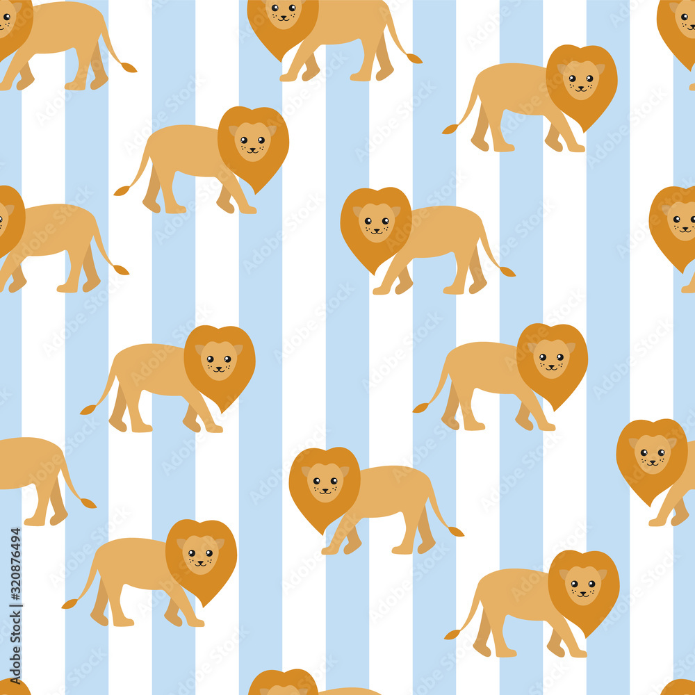 Fototapeta premium Vector seamless pattern of cute lions on a blue striped background.