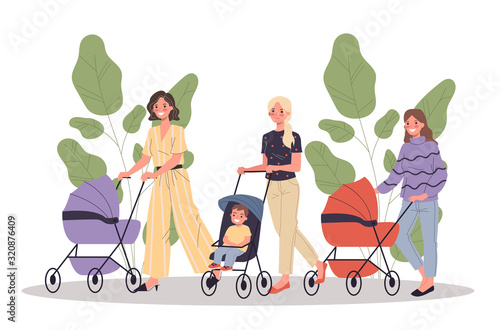 New moms walking with children. Young women wheeling strollers in park flat vector illustration. Motherhood, communication, friendship concept for banner, website design or landing web page