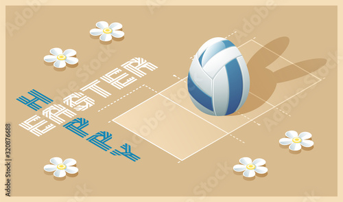 Happy Easter greeting card. Isometric illustration with 3D Easter egg as a volleyball ball and volleyball court. Vector illustration.