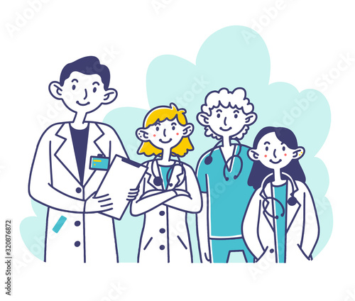 Hospital doctor staff. Team of physicians in white coats and scrubs with stethoscopes flat vector illustration. Medicine, occupation, clinic concept for banner, website design or landing web page