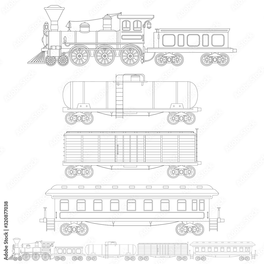 Set of outline vintage train in retro style. Сistern car, container and passenger waggons. Coloring page