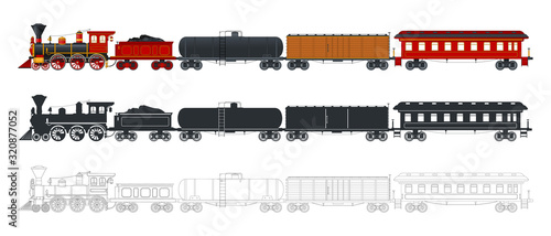 Vintage train in retro style. Three different options: colorful, silhouette, outline