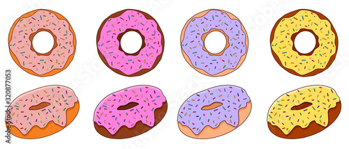 Colorful donut set with sweet icing in cartoon style. Isolated vector illustration on white background.