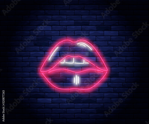 Female pink lips neon vector illustration.