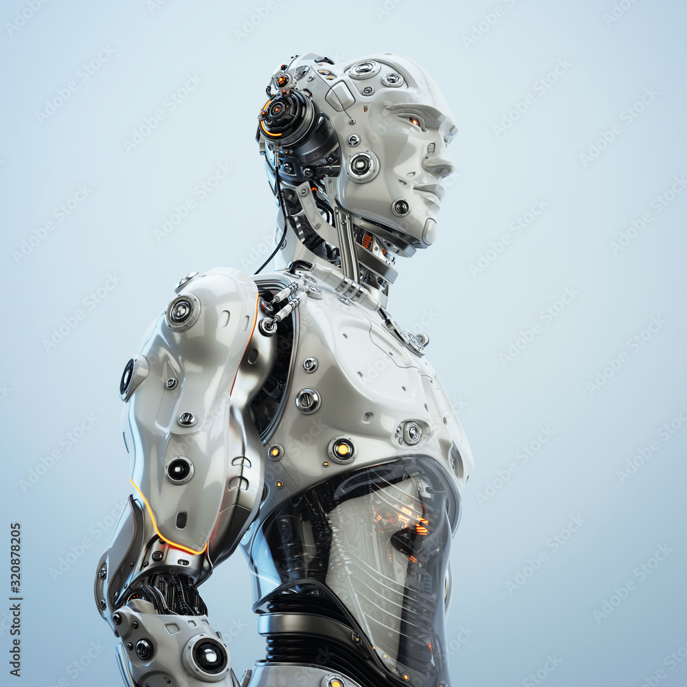 Futuristic handsome man with headphones in profile. 3d rendering of stylish robot listening to music Futuristic handsome man with headphones in profile. 3d rendering of stylish robot listening to music