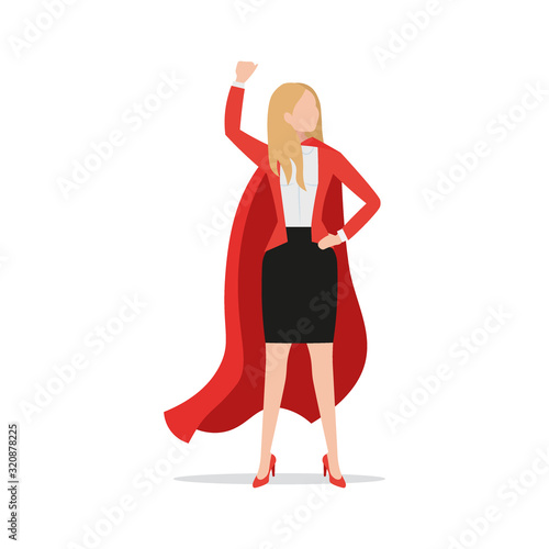 Successful powerful businesswoman wearing red superhero cloak and black skirt, office clothes, flat style icon, vector illustration, female leader executive employee.