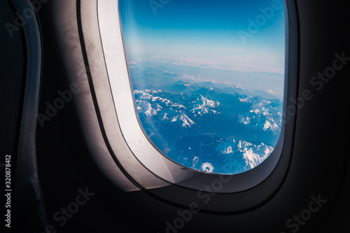 view from the window of the porthole on the mountains of Austria and Switzerland