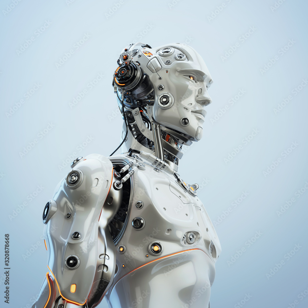 Futuristic handsome man with headphones in profile. 3d rendering of stylish robot listening to music Futuristic handsome man with headphones in profile. 3d rendering of stylish robot listening to music