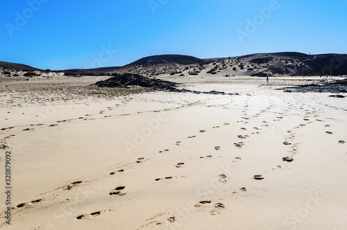 View of beautiful Papagayo beach near town named Playa Blanca  Lanzarote  Canary Islands. View of blue sea  yellow sand  selective focus