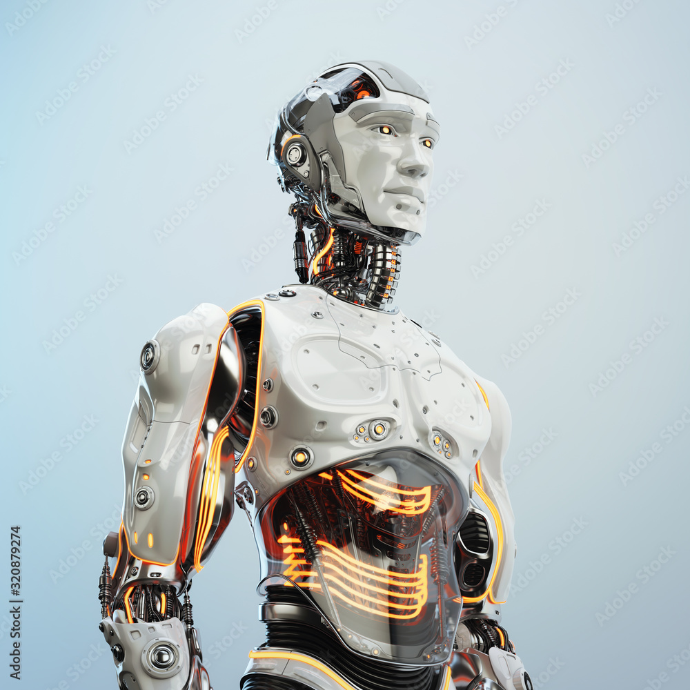 Smart handsome robot male, 3d rendering with orange lighting
