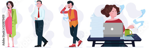 Smoking people set. Businessman, office worker at workplace, young woman with cigarettes flat vector illustration. Unhealthy habit, addiction concept for banner, website design or landing web page