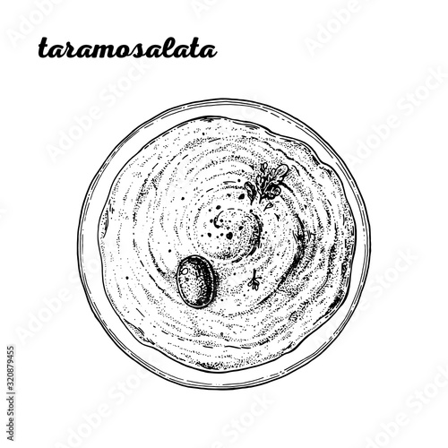 Taramosalata hand drawn illustration. Greek cuisine. Linear graphic. Food sketch.