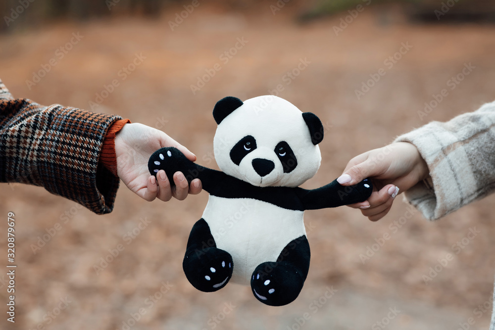 Girls hands holding panda on a background of autumn garden. Panda toy ...