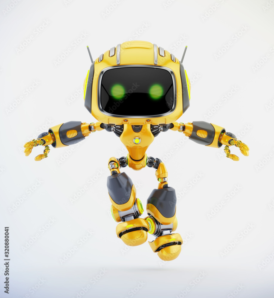 Jumping orange robotic creature with antennas, 3d illustration Jumping orange robotic creature with antennas, 3d illustration