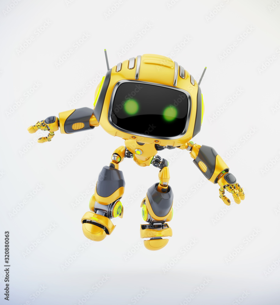 Jumping orange robotic creature with antennas, 3d illustration Jumping orange robotic creature with antennas, 3d illustration