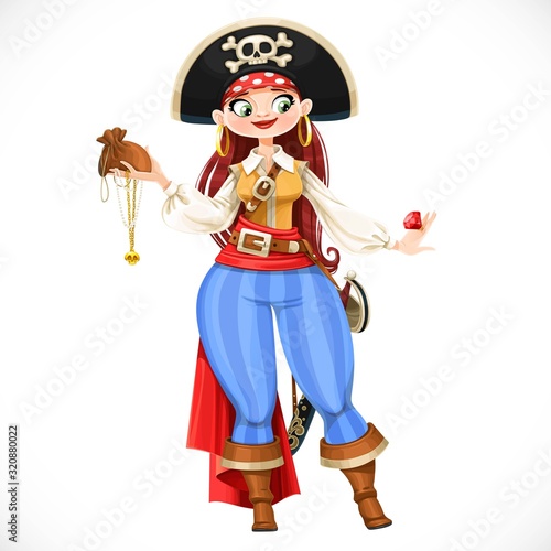 Brave cute cartoon chubby pirate girl with looted trophies isolated on white background