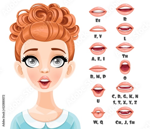 Cute red haired woman talking mouth animation. Female character speak mouths expressions