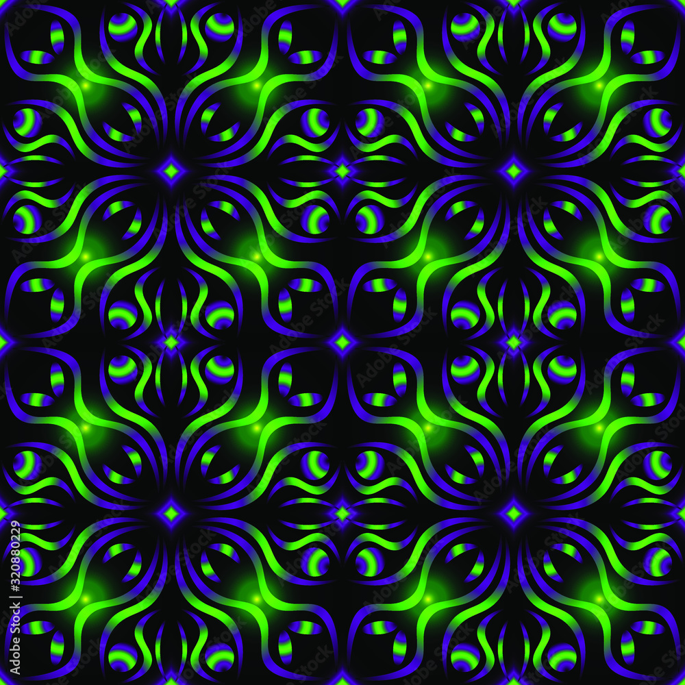Repeating endless seamless pattern with flowers in blue and green on a black background Repeating endless seamless pattern with flowers in blue and green on a black background