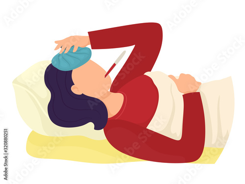 The girl lies with the temperature. Vector illustration in cartoon flat style.