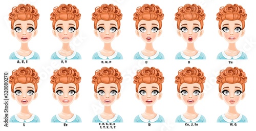 Cute cartoon red haired girl with high hairstyle talking mouth animation. Female character speak mouths expressions