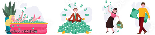 People winning cash prize set. Heap of money, bath with dollars, sack of banknotes flat vector illustration. Wealth, income, profit concept for banner, website design or landing web page