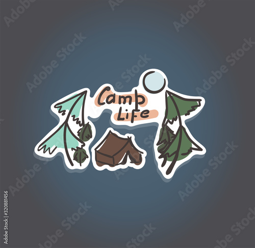 Silhouette of pine or spruce. Handmade illustration in doodle style. Sketch vector road emblem for auto glass, travel sticker. The inscription camp life. For photography, poster, expeditionary label