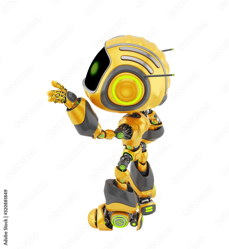 Gesturing orange robotic creature with antennas, back 3d rendering Gesturing orange robotic creature with antennas, back 3d rendering